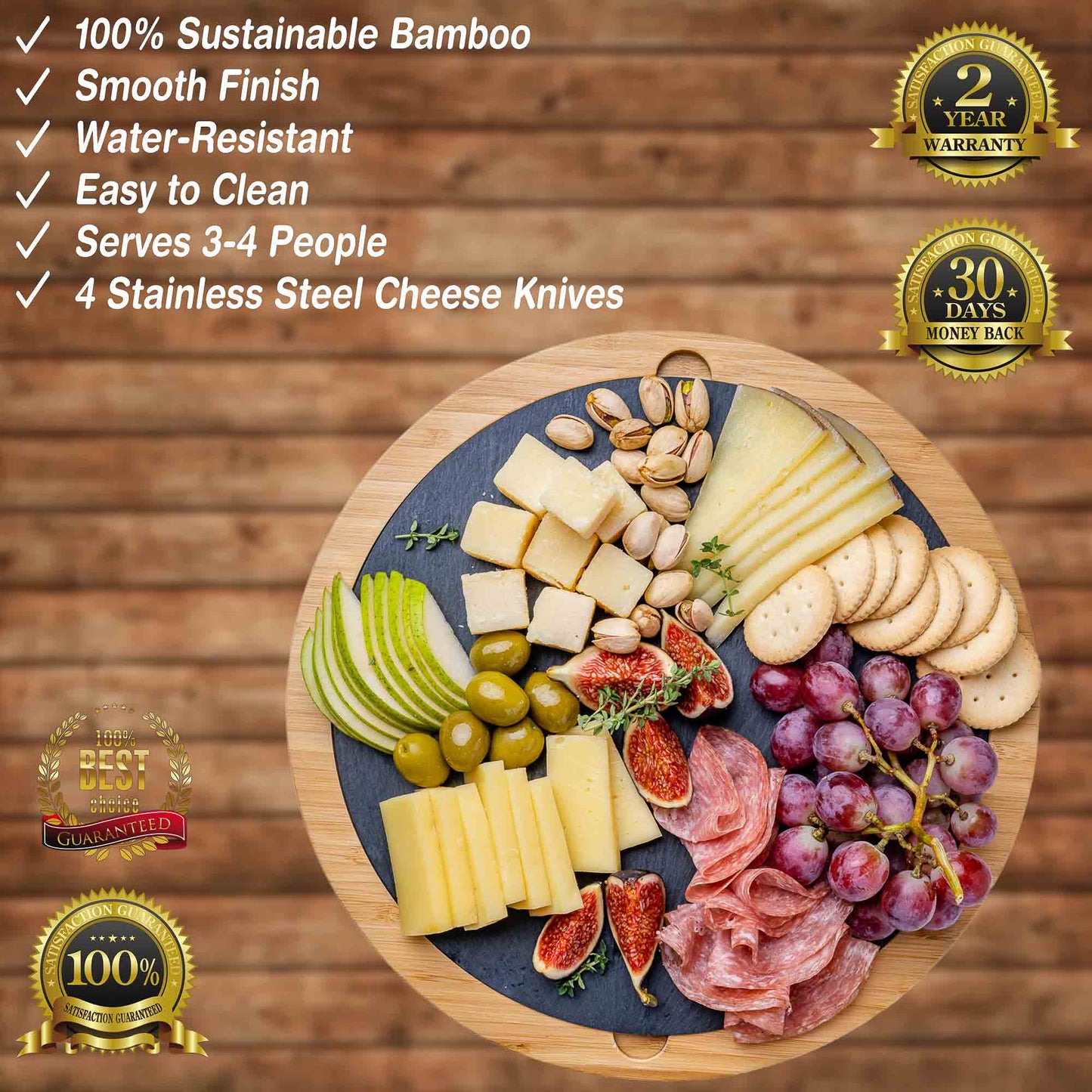 Round Bamboo Cheese Board & Knife Set