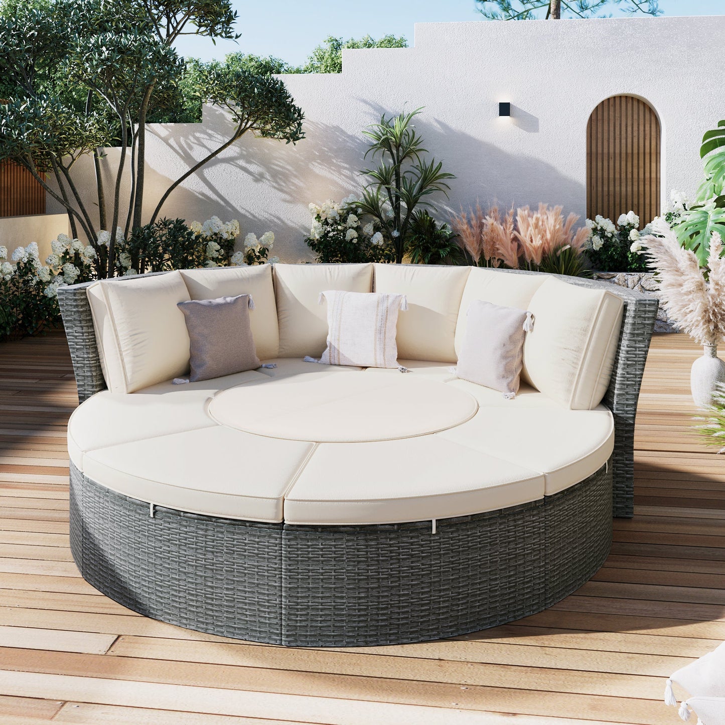 Patio 5-Piece Round Rattan Sectional Sofa Set