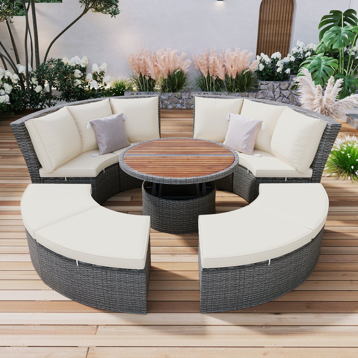 Patio 5-Piece Round Rattan Sectional Sofa Set