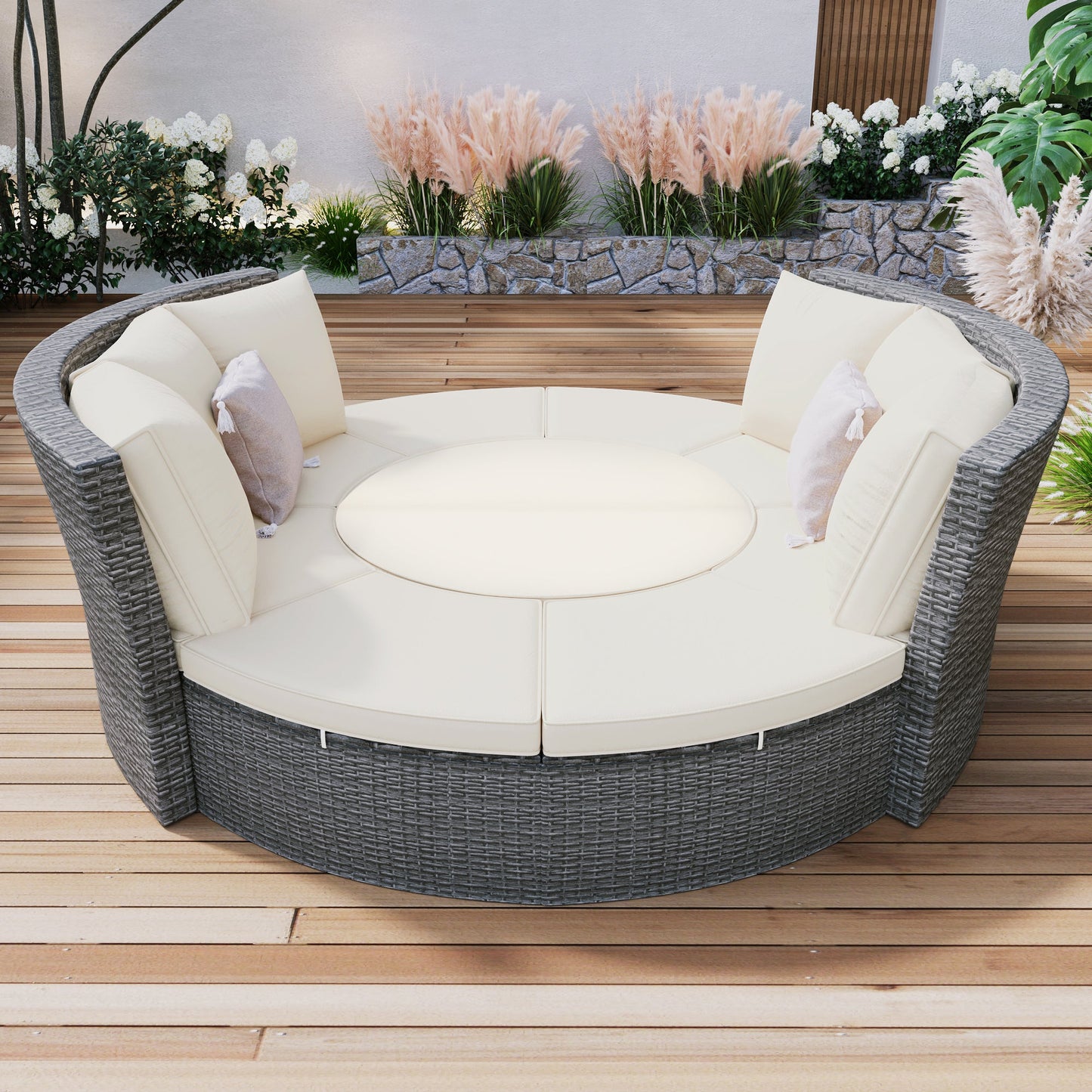 Patio 5-Piece Round Rattan Sectional Sofa Set